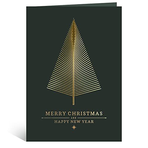 easykart labels 20 Gold Foil Christmas Greeting Cards with Envelopes – 5.75 x 4.25 Dark Green, Embossed Tree Design, Includes Seal Stickers