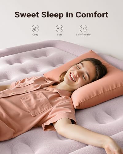 Pink Lilac Queen Air Mattress with Built-in Pump - 18 Inch Blow Up Bed