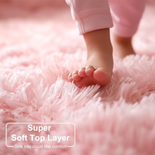 Pink Shag Plush Area Rug 6x9 for Kids Bedroom Nursery Classroom - Non-Slip