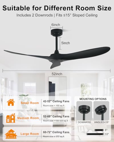 Ombrin 52-Inch Black Ceiling Fan with Remote & App Control, Reversible DC Motor for Indoor & Outdoor Use