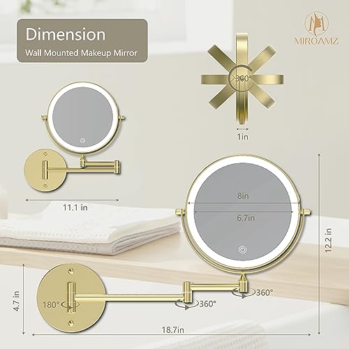 Brushed Gold 8-Inch Lighted Wall Mounted Makeup Mirror 1X/10X Magnification