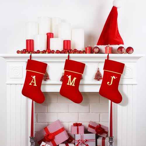 Personalized Christmas Stockings with Initials, 20 Inches Large Red Velvet Embroidered Monogram Xmas Stocking for Family Holiday Party Gifts Fireplace Decor(Letter J)