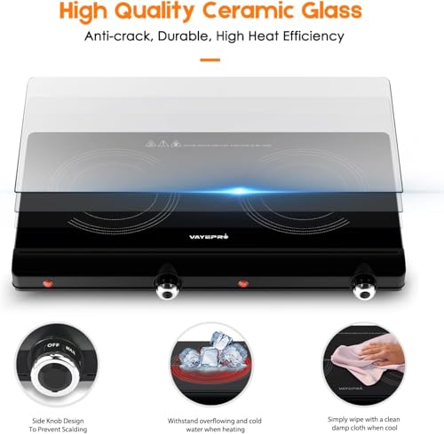 Infrared Double Burner Electric Cooktop 20x12x3.8inch, 1800W Portable Stove for Dorm & Kitchen