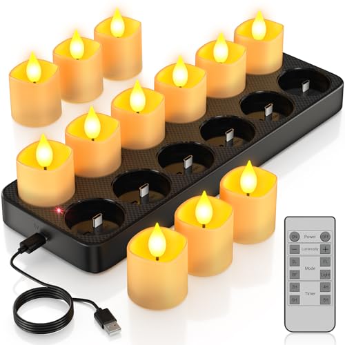 PChero 12pcs Flameless Candles with Remote & Charging Station - Rechargeable LED Tea Lights