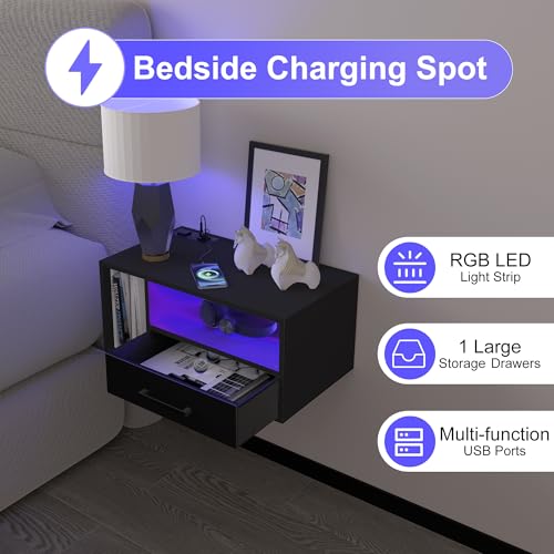 Homaterial Floating Nightstand with Charging Station & Lights, Black
