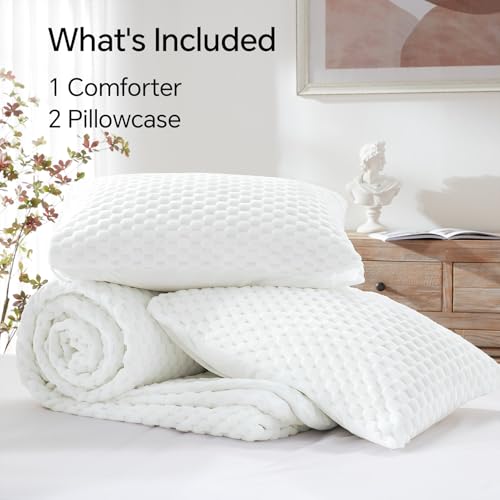 Queen Fluffy Comforter Set - Bright White Fleece Bedding 3 Pieces