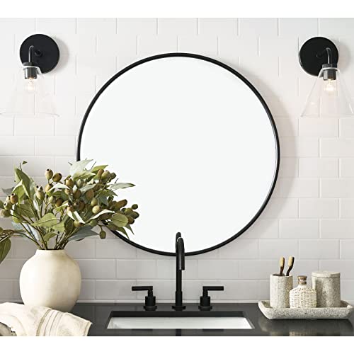 G-LEAF 32-Inch Black Round Wall Mirror for Bathroom & Entryway with Matte Metal Frame - Seamless, Durable & Easy to Install