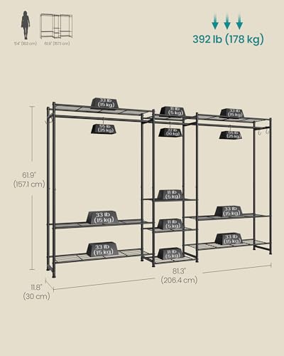 SONGMICS Portable Closet Wardrobe Black 81.3" with 10 Shelves & 3 Hanging Rods