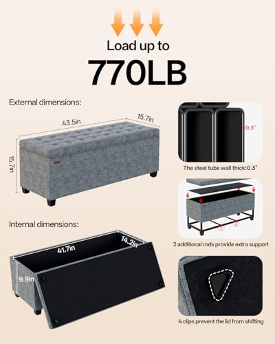 Chenille Storage Ottoman Bench Gray 43.5"W x 15.7"D x 15.7"H with Metal Frame