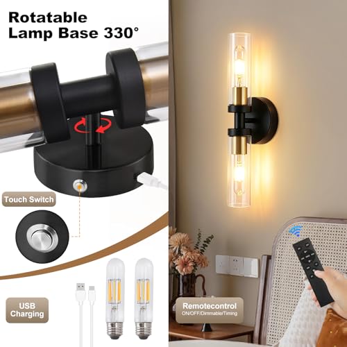 Black Gold Battery Operated Wall Sconce Set of 2 with 330° Rotation & Dimmable 3000K-6000K Bulbs Included