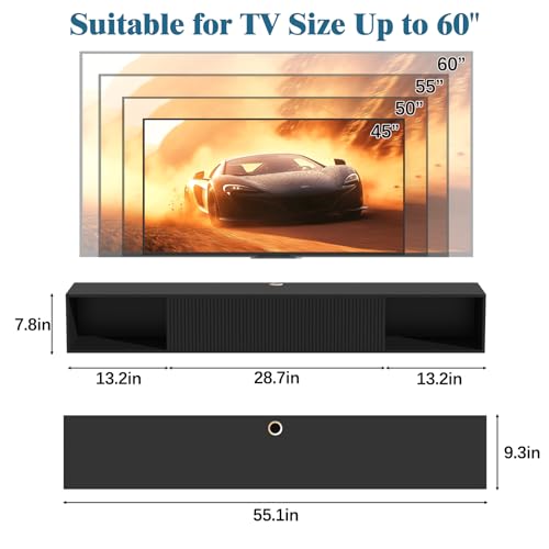 55-Inch Floating TV Stand with LED Lights and Storage - Black - Wall Mounted