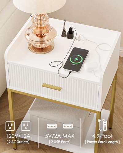 Nightstand with Charging Station - 3-Tier Bedside Table, Open Shelf & Drawer, White - Variation of THIS listing