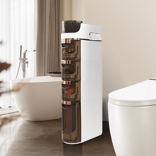 Slim 4-Tier Bathroom Storage Cabinet - Movable Narrow White Organizer