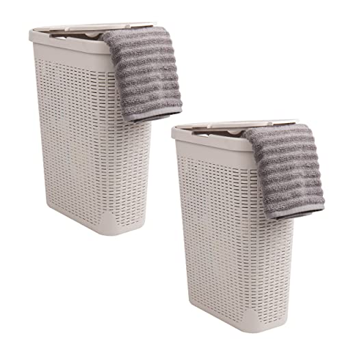 Slim Laundry Hamper Set of 2 with Lid - Ivory, 40L Capacity, Space-Saving Tapered Design