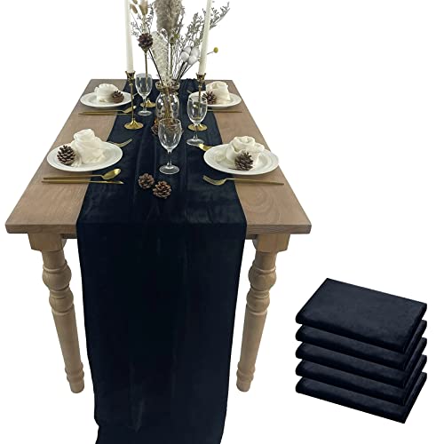 BTF Home Velvet Table Runner 5 Pack 20 x 120 in Black - Luxurious Wedding Banquet Linen