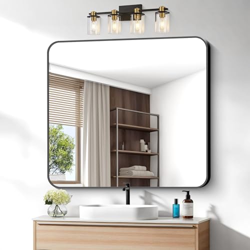 BONEWEI 36x40 Inch Black Rounded Rectangle Wall Mirror - Vanity, Bathroom & Living Room Decor