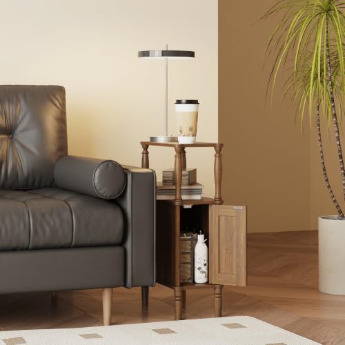 Narrow Nightstand - Slim End Side Table in Dark Walnut Brown - Veegle