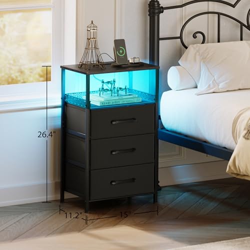 JARHETUN Nightstand Set 2 with Charging Station & RGB LED Lights, 3 Drawers, Black / Power & LED
