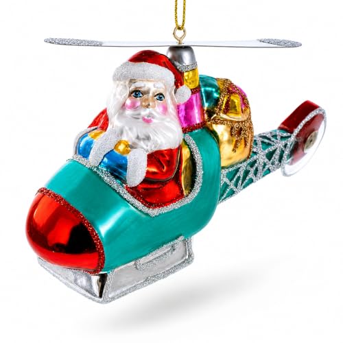 Santa’s Gift Delivery Helicopter Glass Christmas Ornament - Handcrafted Holiday Decor