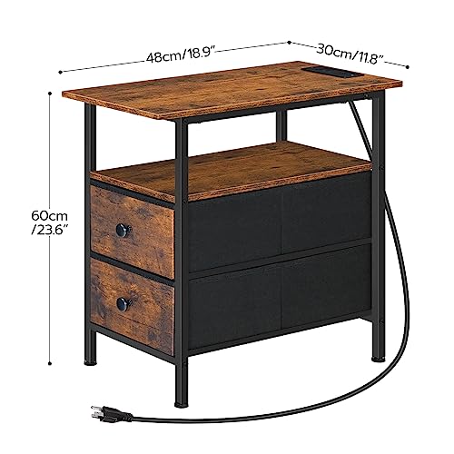 End Table with Charging Station Set of 2 - Rustic Brown and Black Nightstands with USB & Power Outlet
