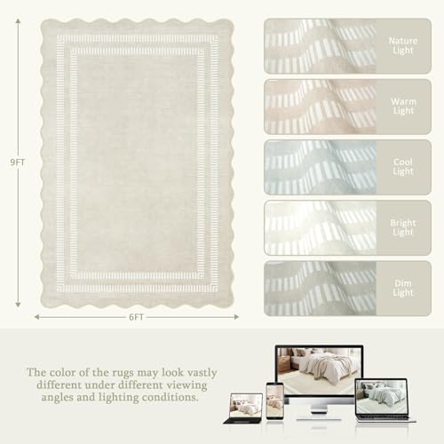 Washable 6x9 Area Rugs for Living Room, Solid Ivory Ultra-Thin