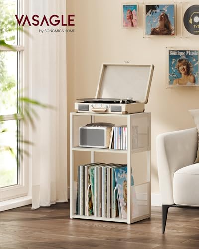 VASAGLE Rustic White 3-Tier Record Player Stand with Vinyl Storage, Holds 100 Albums