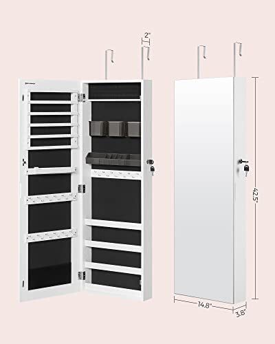 White 42.5-Inch Wall-Mounted Jewelry Cabinet Armoire with Mirror & Lockable Storage