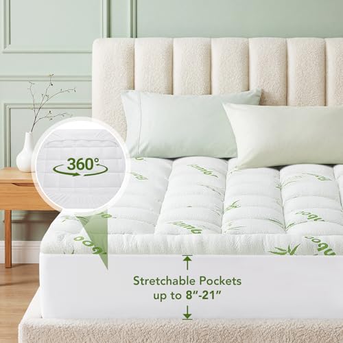 Green Full Size Bamboo Mattress Topper - Extra Thick Quilted Pillow Top, Cooling & Breathable, Deep Pocket Fit 6-18 Inches