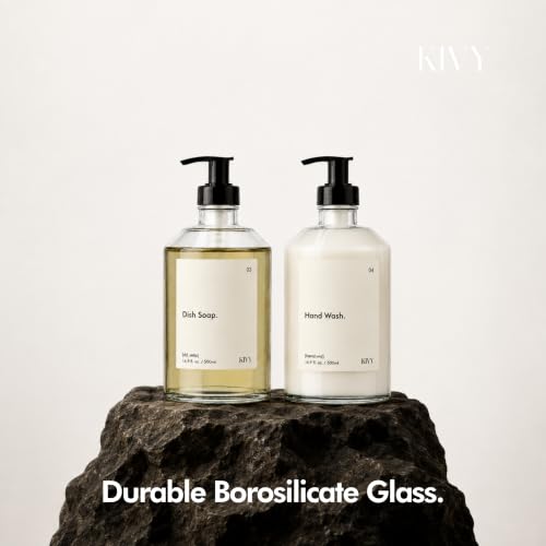 KIVY Glass Soap Dispenser Set 2X 16oz with Waterproof Labels & Pump - Bathroom & Kitchen Accessory