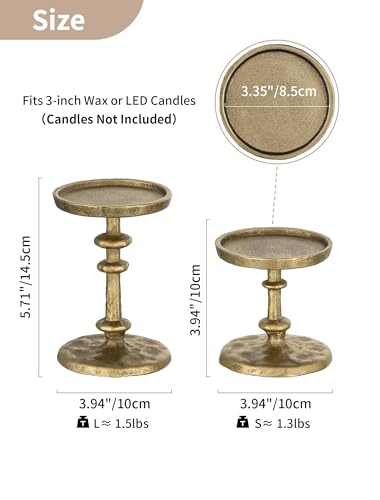 NUPTIO Gold Cast Iron Candle Holders Set - Antique Brass Pillar Candle Stands