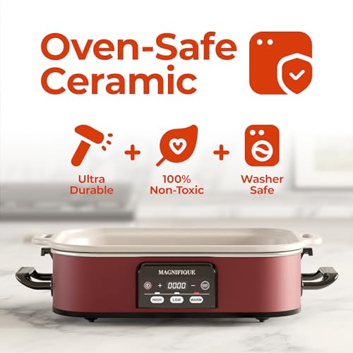 4 Quart Digital Slow Cooker with Oven-Safe Ceramic Pot - Red, Includes Lid & Latch Strap