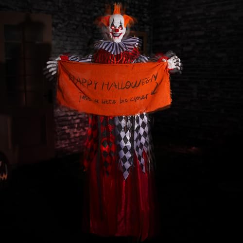 Halloween Animatronic Hanging Clown 5ft with Banner Sound & Lights - Creepy Indoor Outdoor Decor