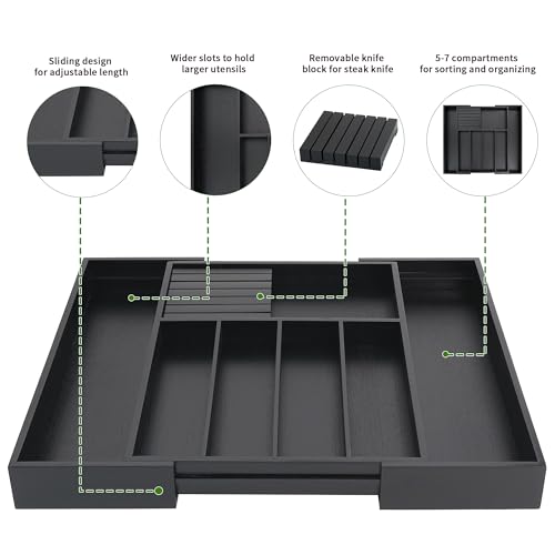VaeFae Bamboo Silverware Drawer Organizer - 7 Slots, Black, Adjustable & Removable Knife Block
