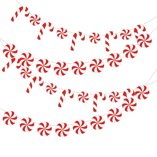 Whaline 4Pcs Christmas Paper Banner Red White Stripe Candy Cane Banner Xmas Bunting Garland for Christmas Party Supplies Home Hanging Decoration