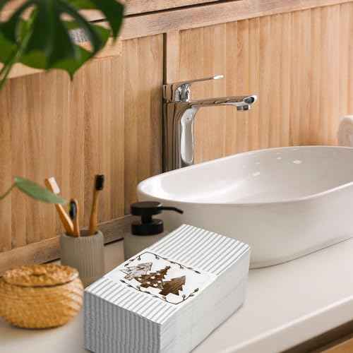 80 Pack Merry Christmas Guest Napkins Brown Grey Striped Christmas Tree Disposable Paper Napkin Xmas Holiday Party Dinner Decor Hand Napkin Towel for Home Kitchen Bathroom, 13 x 15.7 Inch