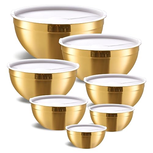 Moxinox Gold Nesting Stainless Steel Mixing Bowls Set of 7 with Airtight Lids