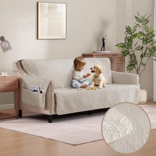 Water-Repellent Quilted Sofa Cover for 88-Inch Grand Sofa - Beige Cream, Waterproof Couch Protector with Anti-Slip Fit