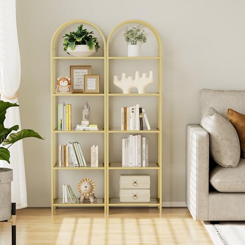 Gold 5-Tier Tall Bookshelf with Glass Shelves - Arched Bookcase, 11.8 x 13.8 x 57.1 inches