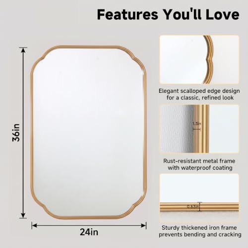 Gold Scalloped Bathroom Mirror - 36x24 Inch Rust-Proof Metal Frame - Variation: Gold / 36"L x 24"W