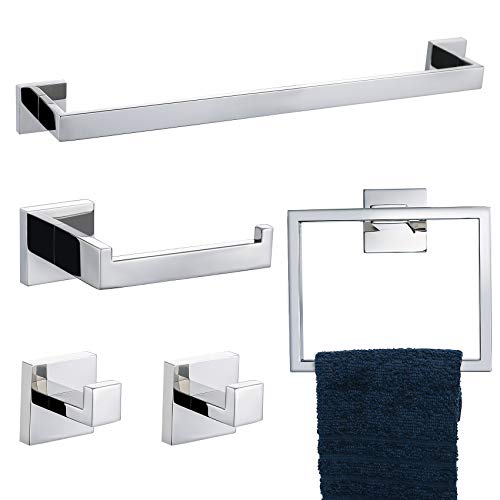 TNOMS Chrome Bathroom Hardware Accessories Set - 5 Pieces Stainless Steel Towel Bar, Holder & Hooks