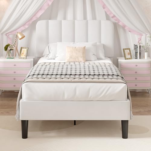 VECELO White Twin Size Upholstered Platform Bed Frame with Headboard