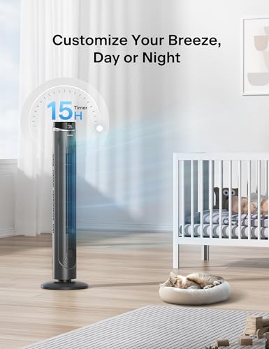 Grey Pelonis 42-Inch Tower Fan with Remote, 5 Speeds, 90° Oscillation, Eco Mode