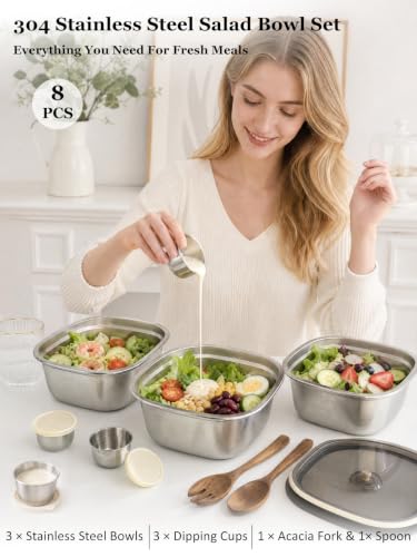 Stainless Steel Salad Bowl Kit with Leak-Proof Dressing Cups - 74oz