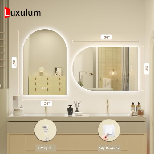 Luxulum 36" Arched Backlit LED Bathroom Mirror with Anti-Fog, Dimmable Lighting