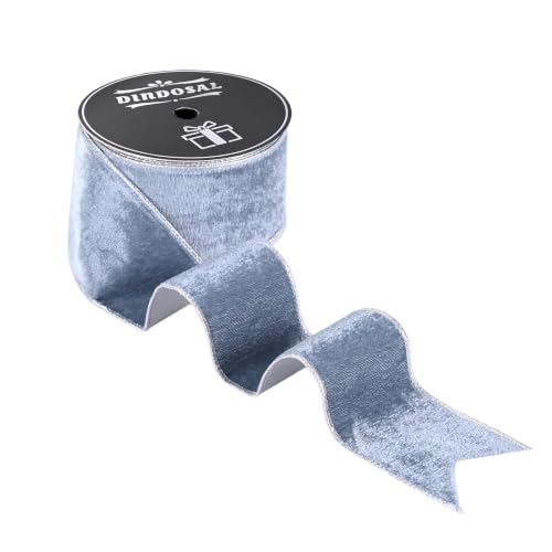 DINDOSAL Dusty Blue Velvet Wired Ribbon 2.5 Inch x 10 Yards - Silver Back