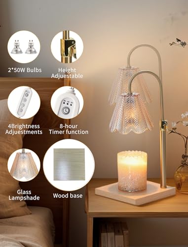 Candle Warmer Lamp with Timer & Dimmer, 2 Bulbs, Height Adjustable,