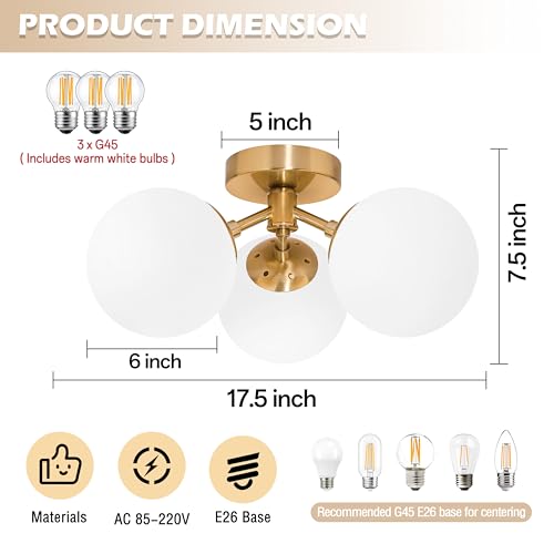 Opal-Gold Mid-Century Modern Globe Ceiling Light Fixture - 3-Light Sputnik Fixture for Bedroom & Living Room