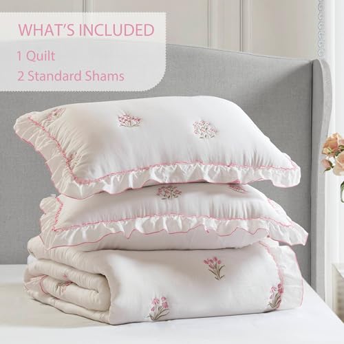 Pink Floral Ruffle Quilt Set - Queen Size, 3 Pieces, Microfiber Bedding