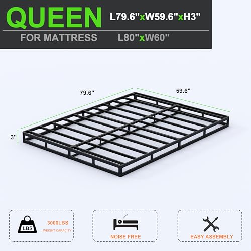 Queen Size 3 Inch Box Spring Mattress Foundation - Low Profile, Heavy Duty Steel