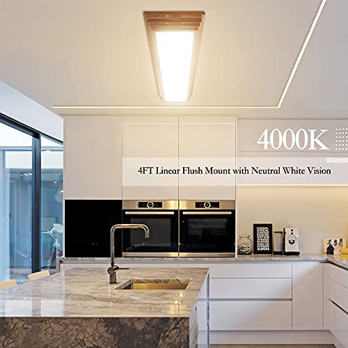 FaithSail 4FT LED Ceiling Light Fixture with Wooden Frame, Dimmable 3000K/4000K/5000K, 50W Flush Mount for Kitchen, Bedroom, Laundry